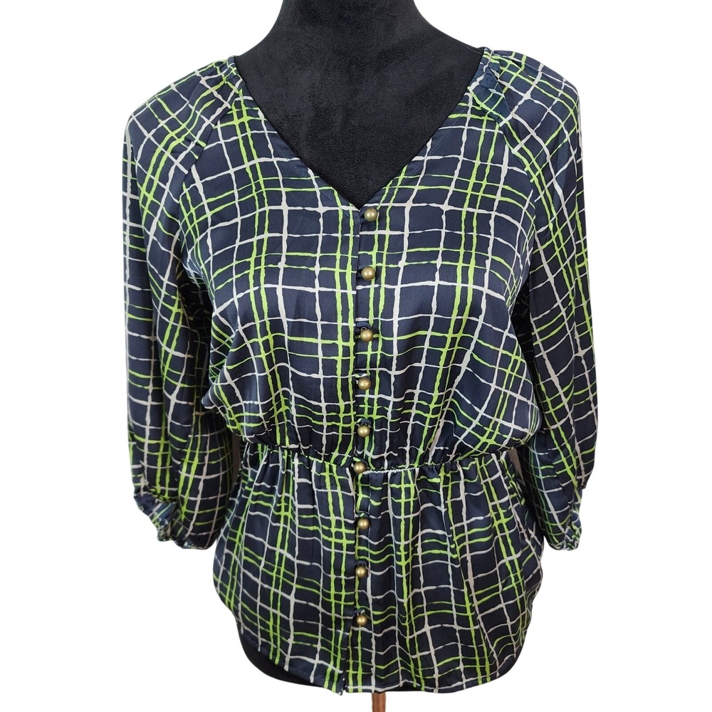 BANANA REPUBLIC Size Small Navy Blue &‎ Green Plaid Satin Blouson V-Neck Blouse